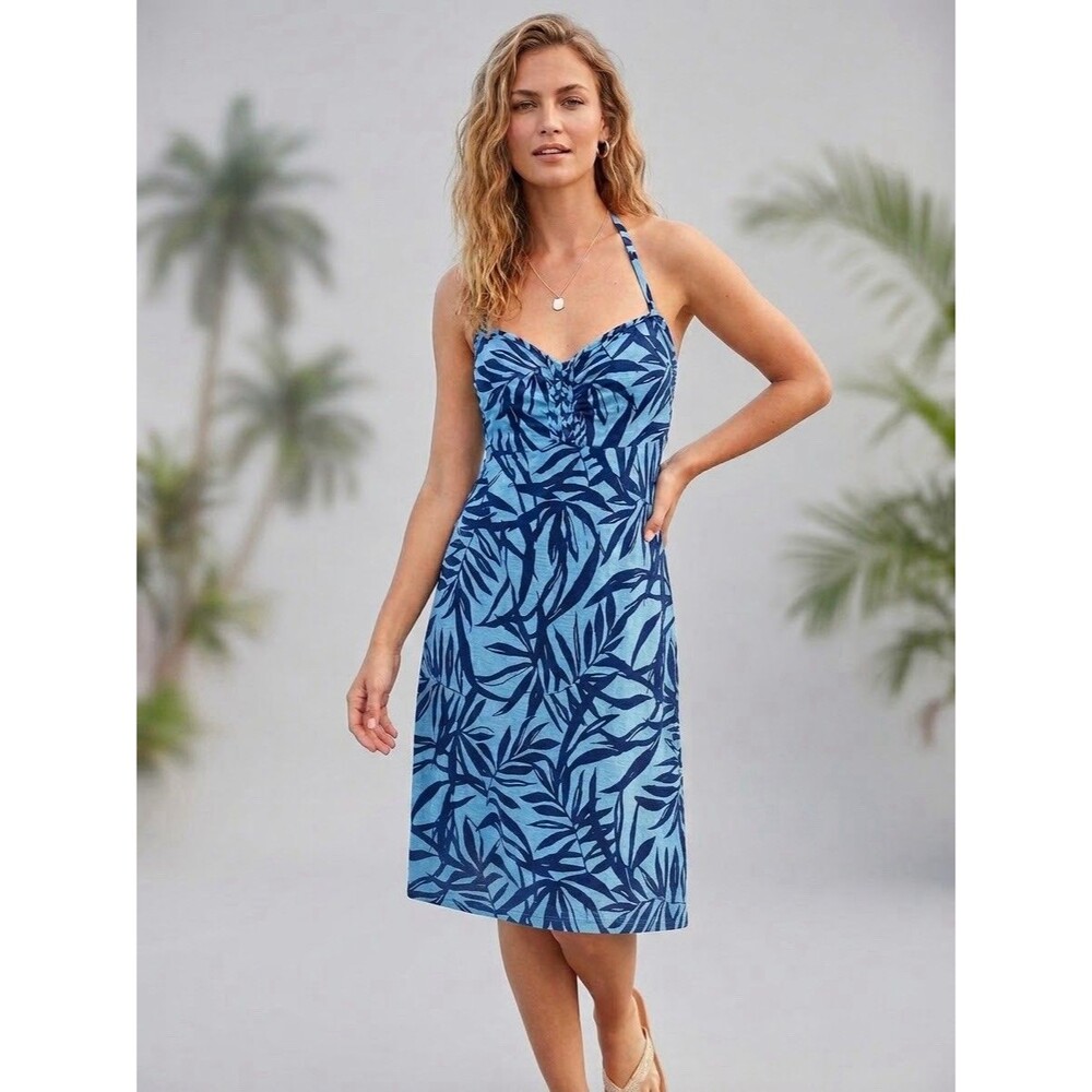 Tommy Bahama Dress M Dunbar Palms Halter Woven Cotton Stretch Coastal Beach